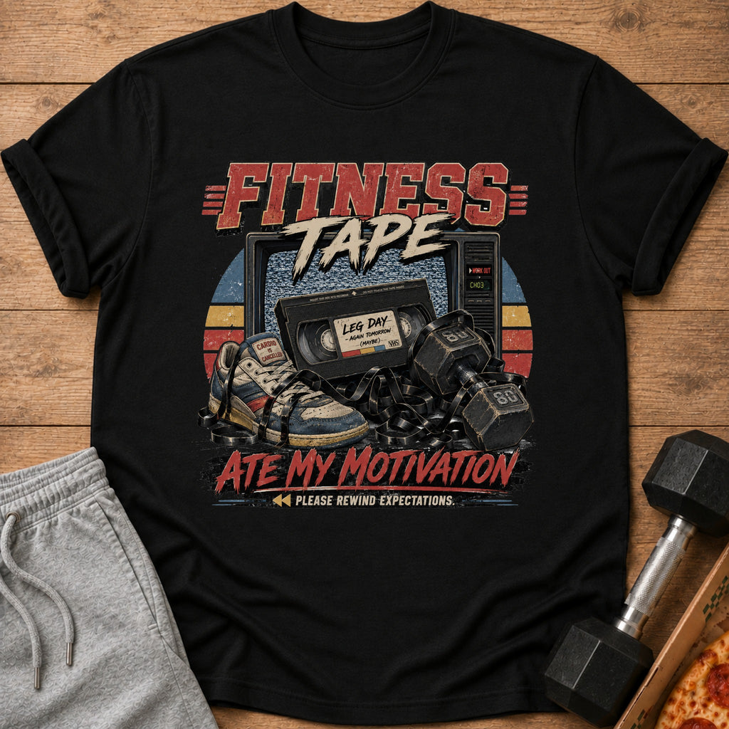 Fitness Tape graphic with vintage TV, VHS tape, sneakers, and dumbbells.