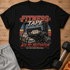 Fitness Tape graphic with vintage TV, VHS tape, sneakers, and dumbbells.