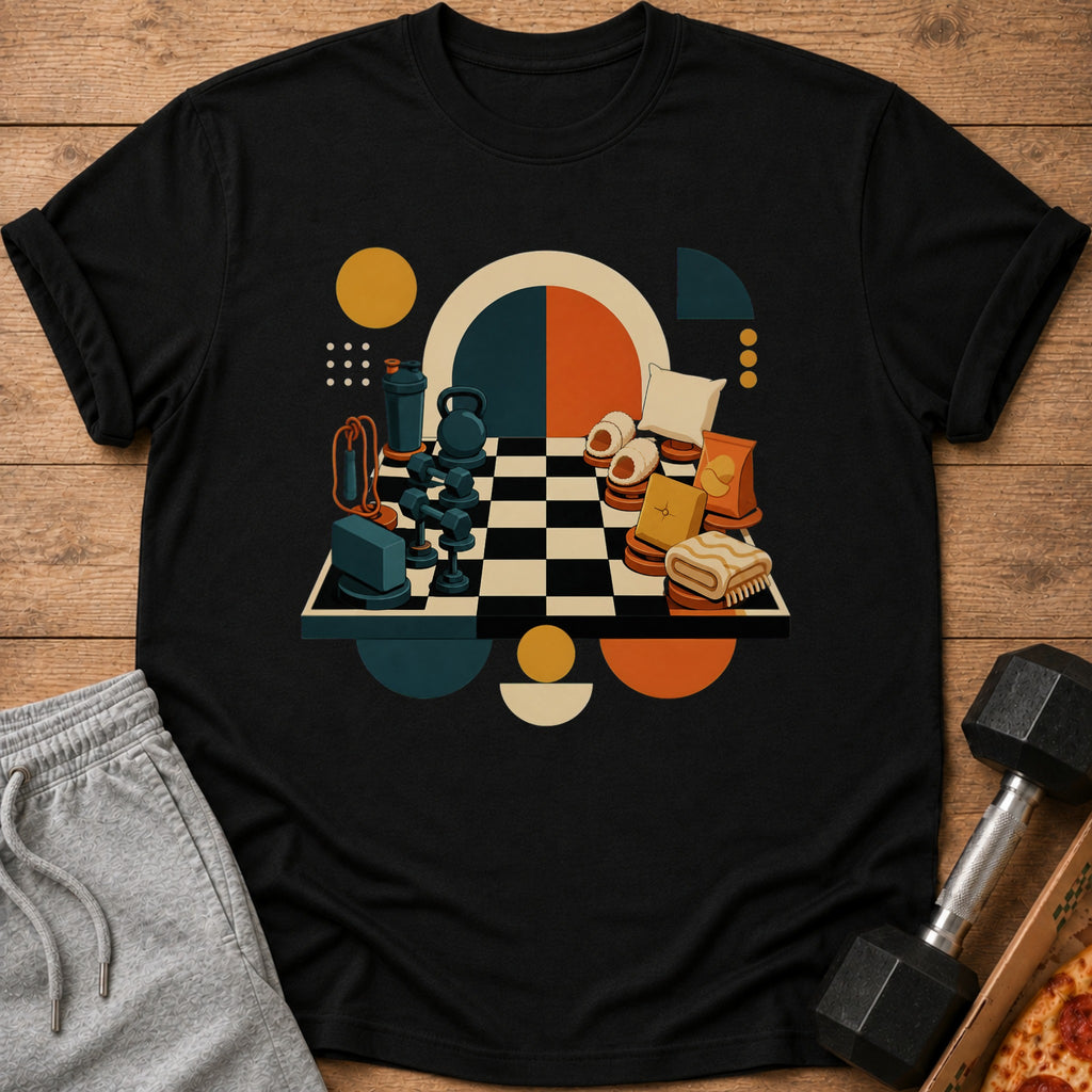 T-shirt graphic with gym equipment and relaxation items arranged like a chess game.