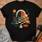 T-shirt graphic with gym equipment and relaxation items arranged like a chess game.