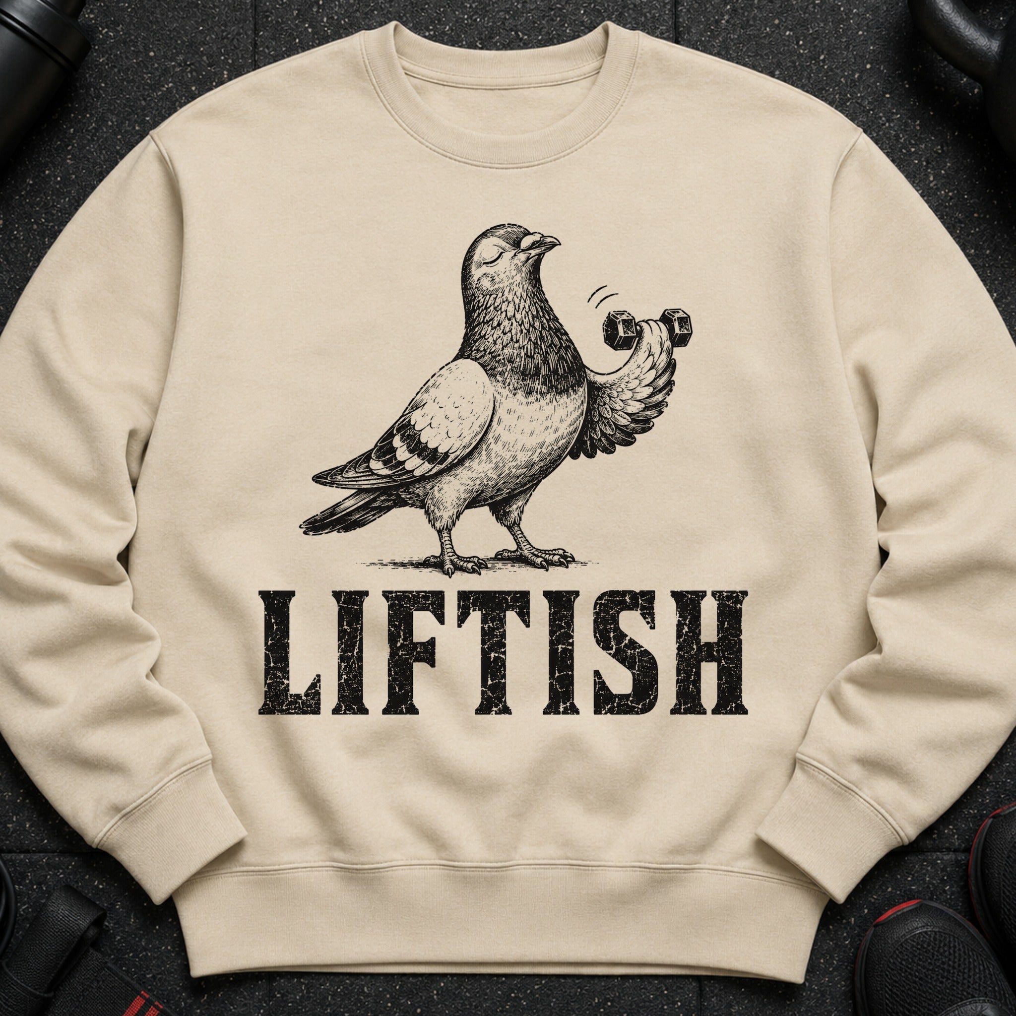 Crewneck sweatshirt with a pigeon lifting a dumbbell and the text "LIFTISH".