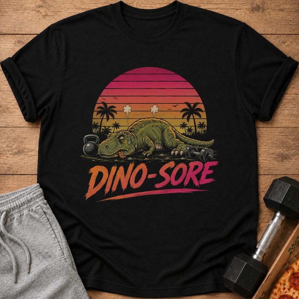 Black t-shirt with a tired dinosaur and text "DINO-SORE".