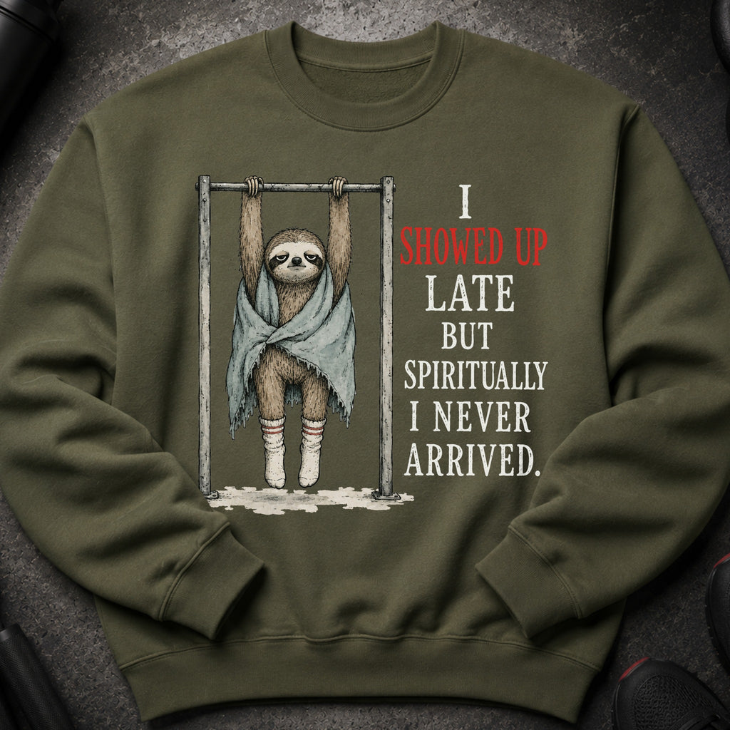 Green sweatshirt with a sloth hanging on a bar, text reads "I showed up late but spiritually I never arrived."