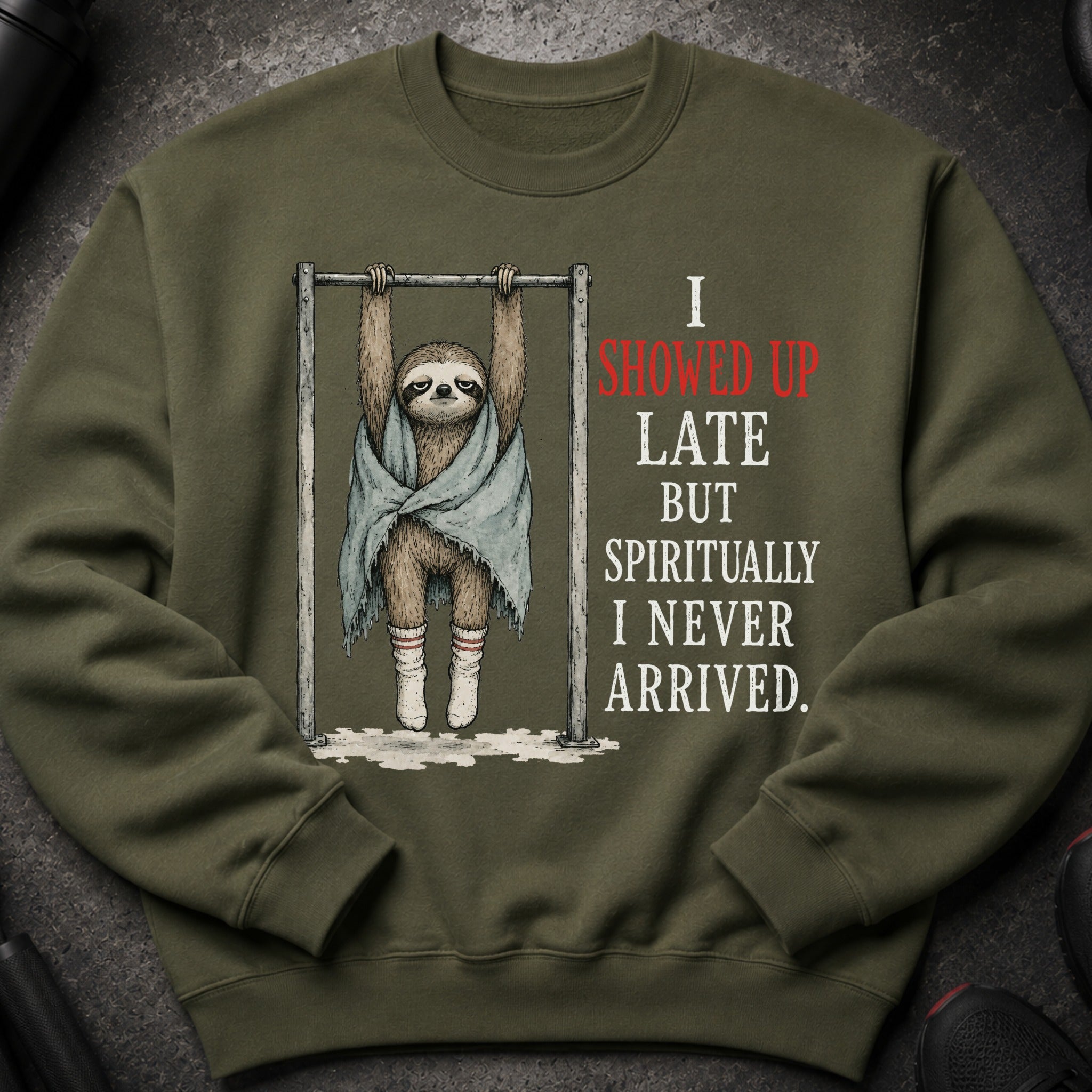 Green sweatshirt with a sloth hanging on a bar, text reads "I showed up late but spiritually I never arrived."