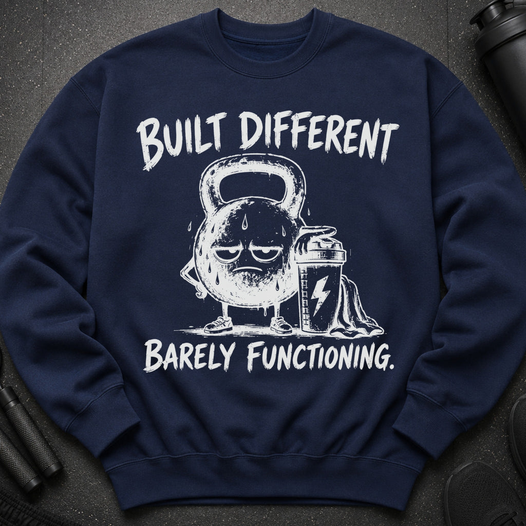 Navy sweatshirt with cartoon kettlebell and shaker, text "BUILT DIFFERENT BARELY FUNCTIONING."