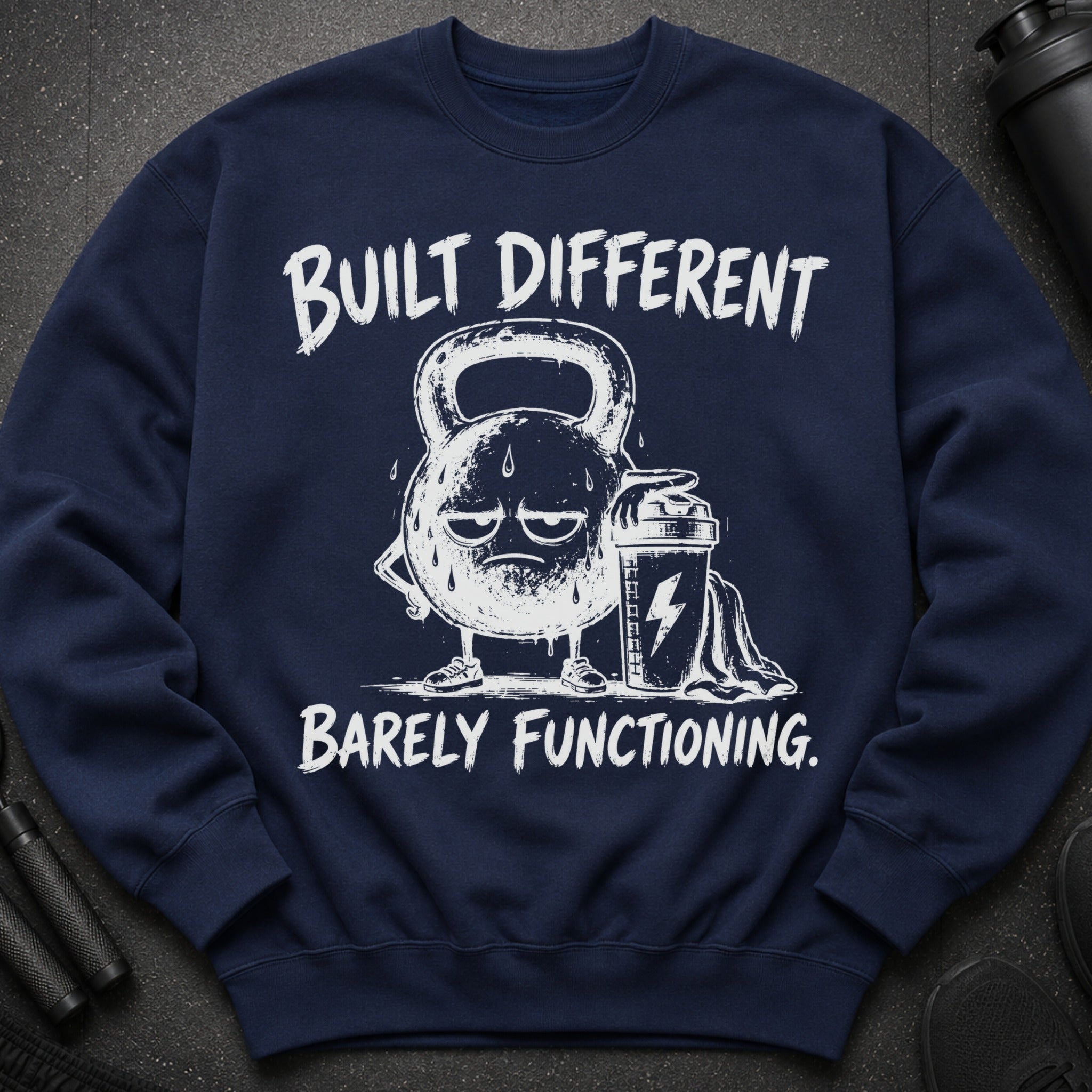 Navy sweatshirt with cartoon kettlebell and shaker, text "BUILT DIFFERENT BARELY FUNCTIONING."