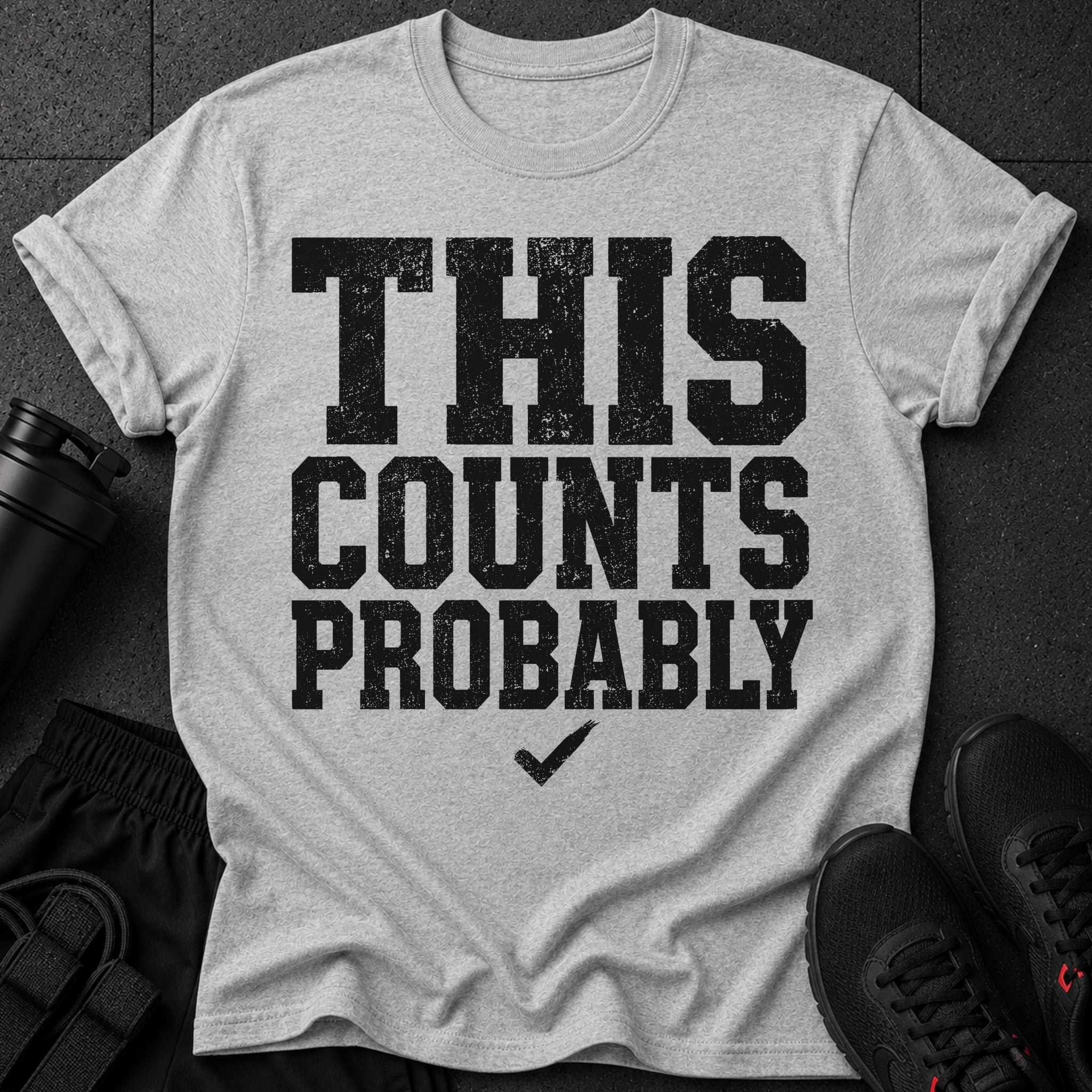 Grey t-shirt with distressed black text "THIS COUNTS PROBABLY" and a checkmark.