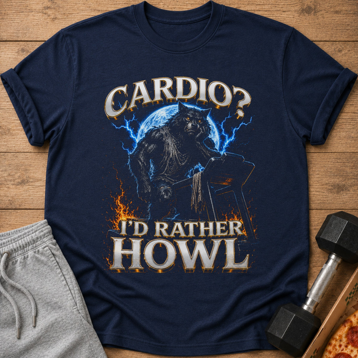 Dark blue t-shirt with a werewolf on a treadmill and text "CARDIO? I'D RATHER HOWL".
