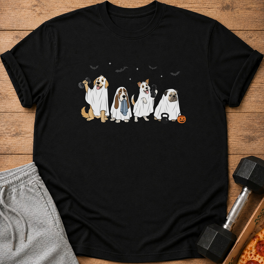 Four dogs in ghost costumes with Halloween-themed props on a black t-shirt.