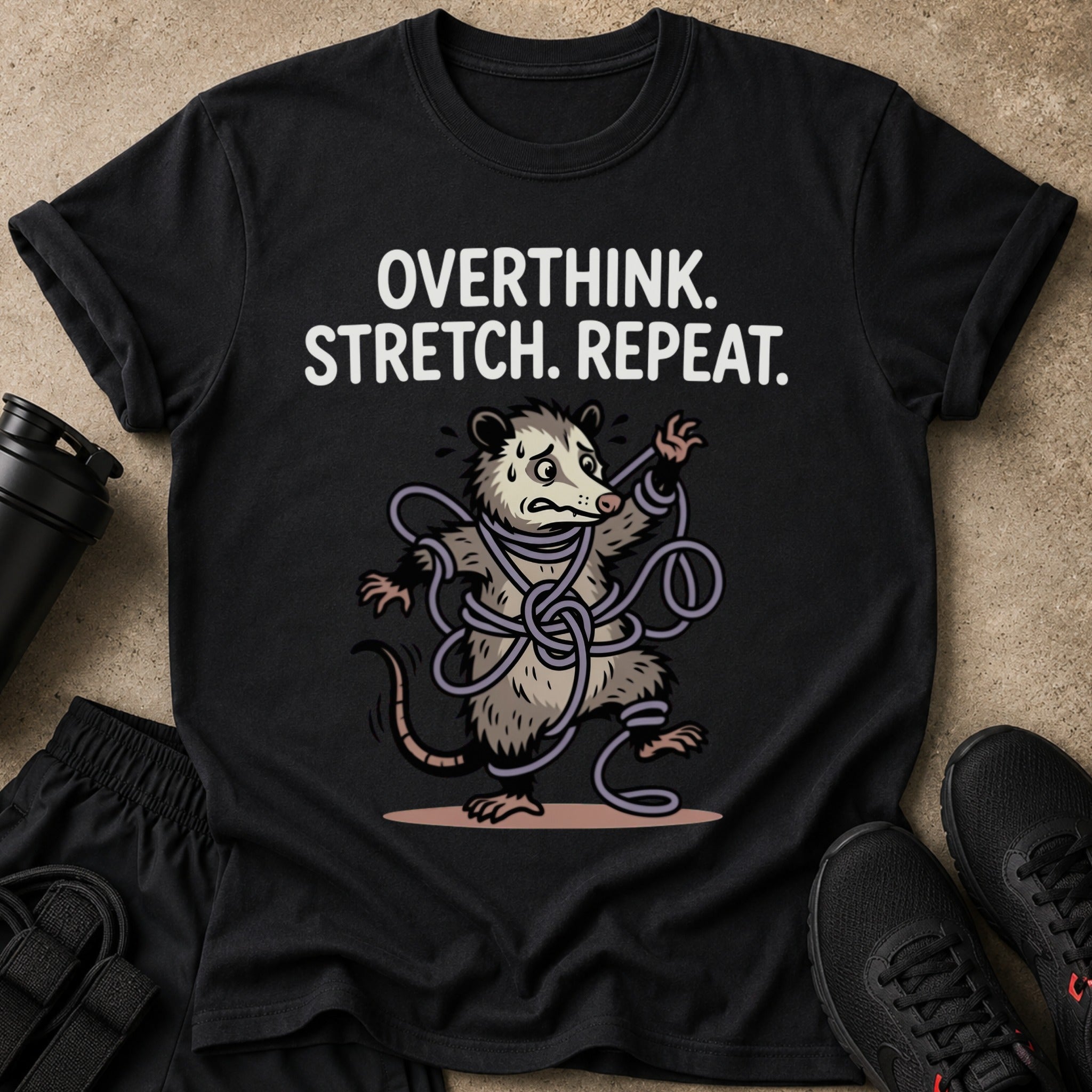 Black t-shirt with text "OVERTHINK. STRETCH. REPEAT." and a tangled opossum graphic.
