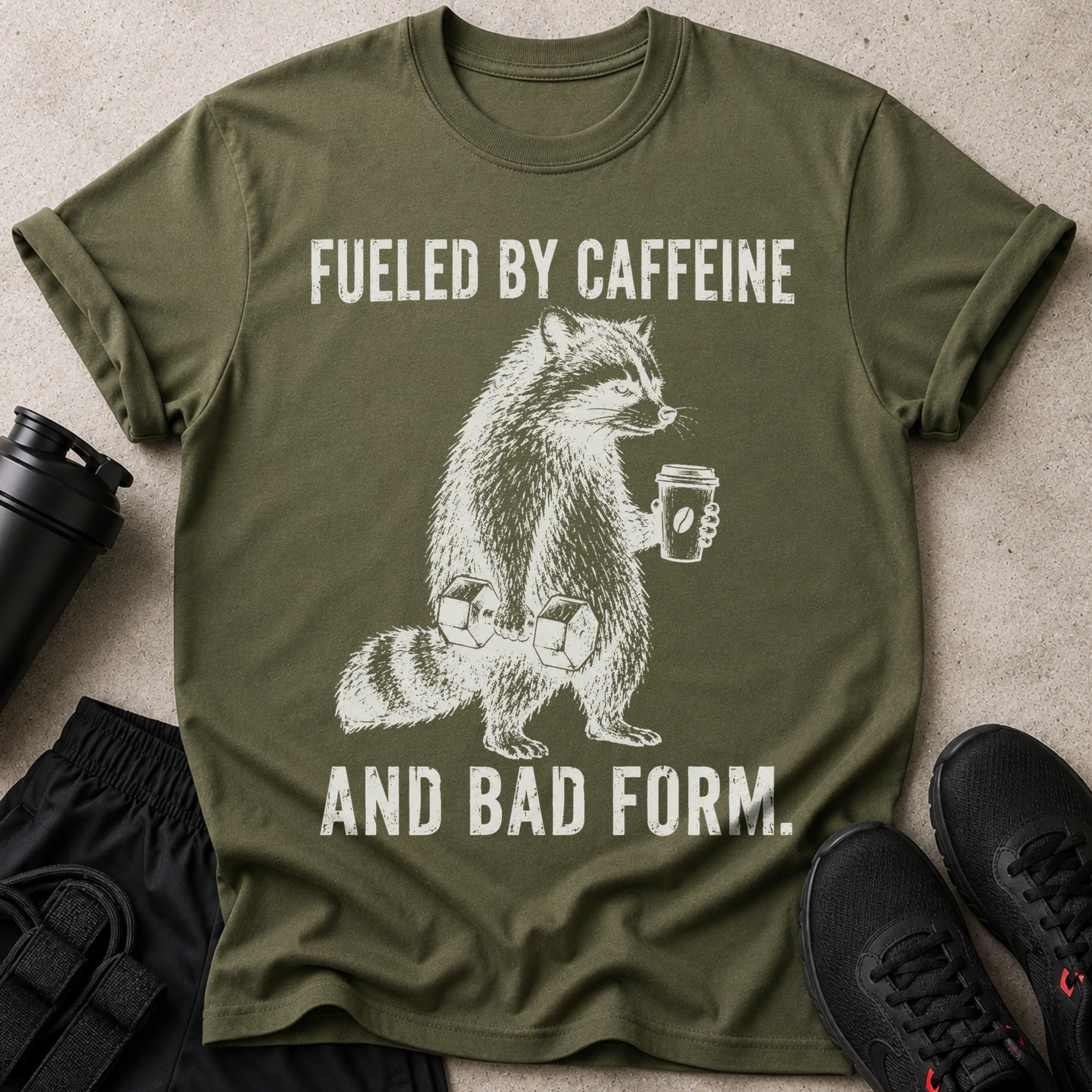 T-shirt with raccoon holding coffee and dumbbells, text reads "Fueled by Caffeine and Bad Form."