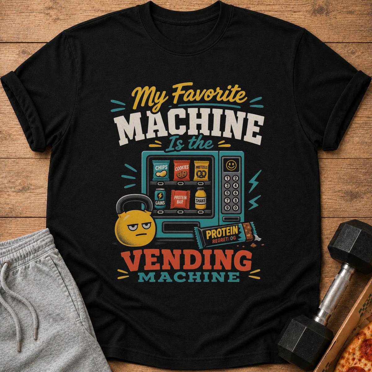 Black t-shirt with "My Favorite MACHINE Is the VENDING MACHINE" text and graphic.