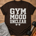 Brown t-shirt with "GYM MOOD UNCLEAR" and barbell graphic.