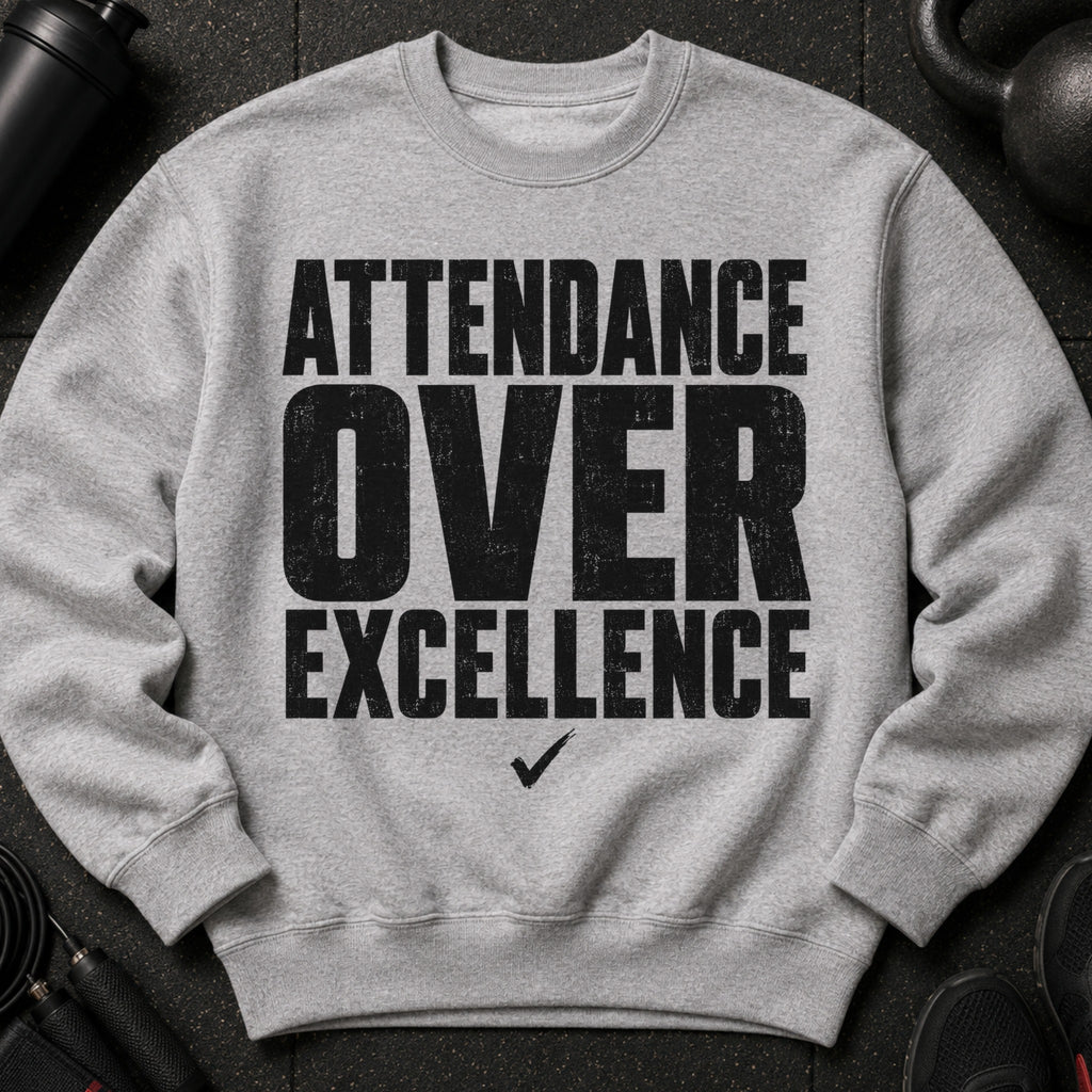 Grey sweatshirt with black text that reads "ATTENDANCE OVER EXCELLENCE" and a checkmark.