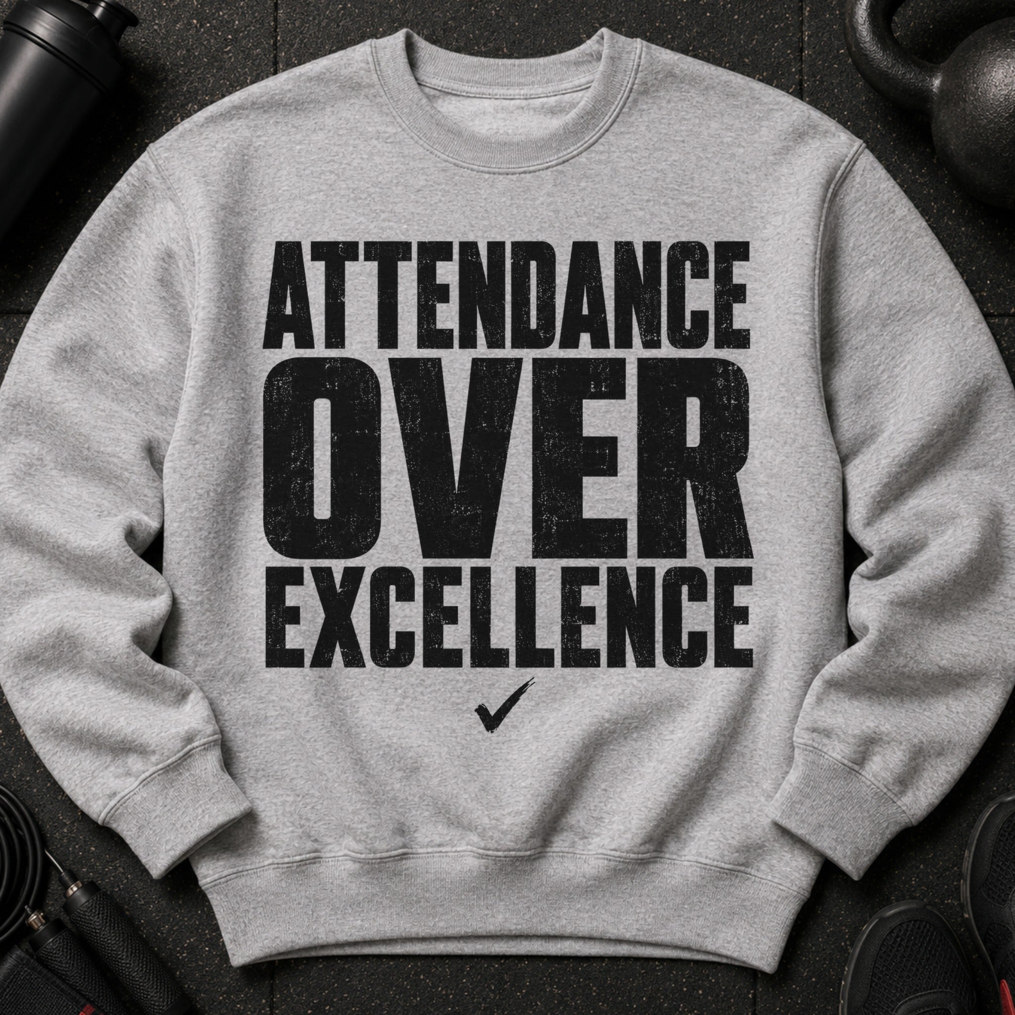 Grey sweatshirt with black text that reads "ATTENDANCE OVER EXCELLENCE" and a checkmark.