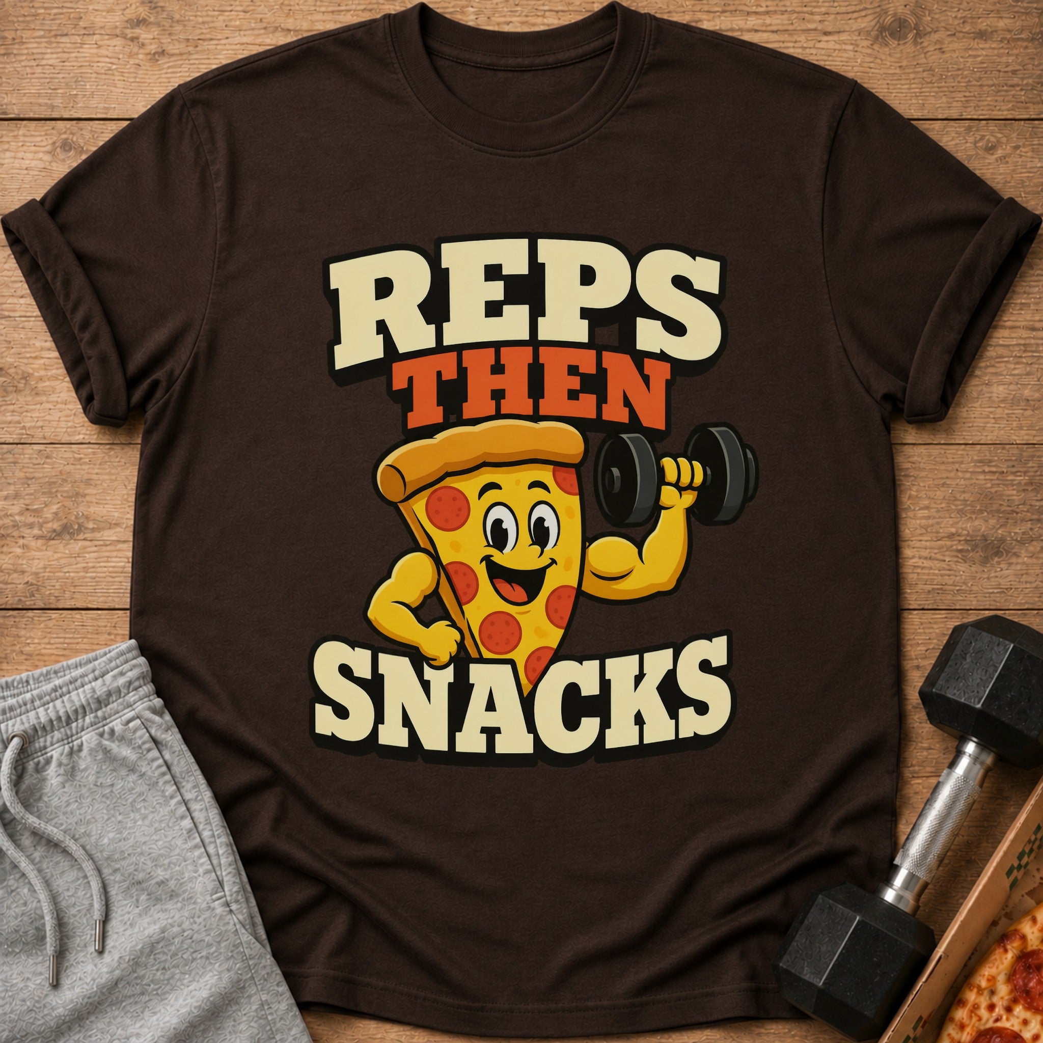 T-shirt graphic with a cartoon pizza slice lifting a dumbbell and text "REPS THEN SNACKS".