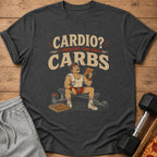 Dark gray t-shirt with "Cardio? I thought you said CARBS" graphic and cartoon man eating pizza.