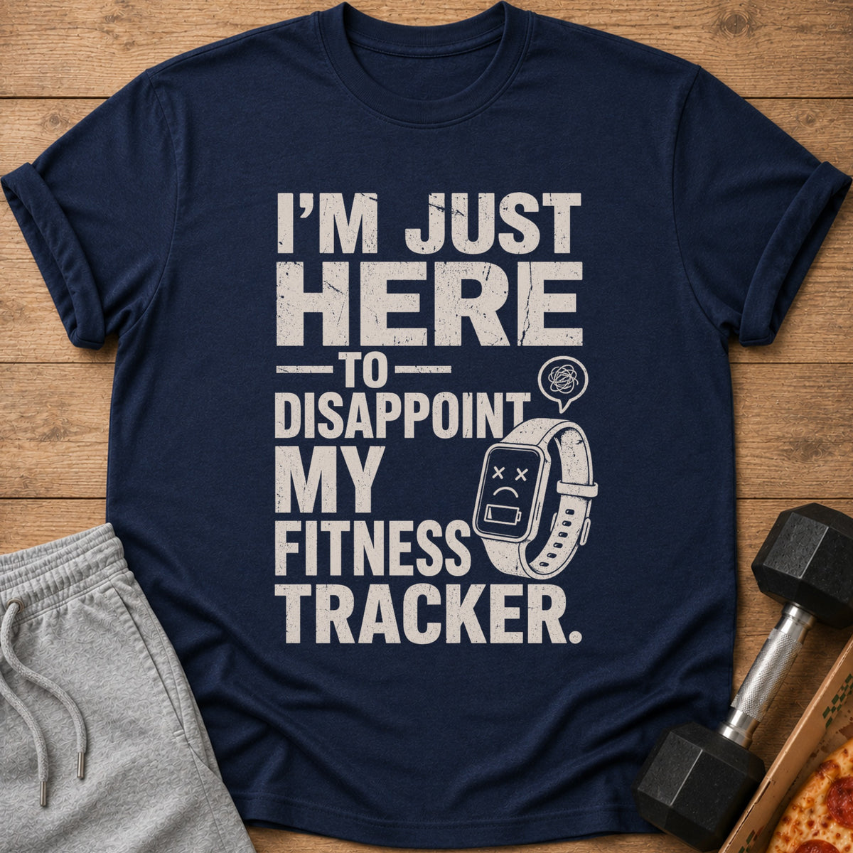 Navy t-shirt with text "I'm Just Here to Disappoint My Fitness Tracker."