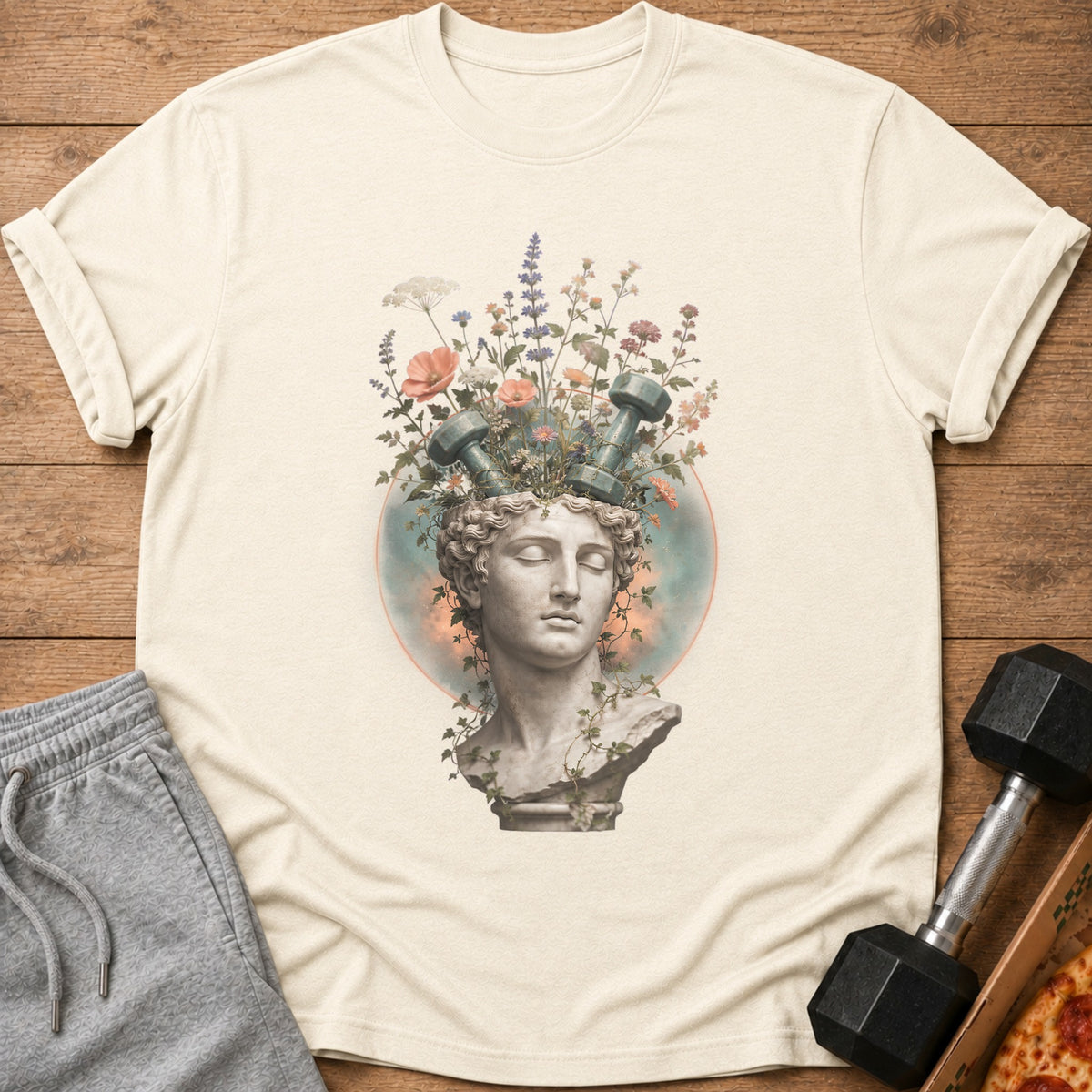 Bust of statue with dumbbells and flowers growing from head.
