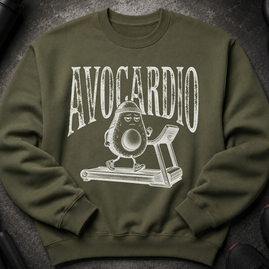 Green sweatshirt with "AVOCARDIO" text and avocado running on treadmill graphic.