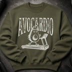 Green sweatshirt with "AVOCARDIO" text and avocado running on treadmill graphic.