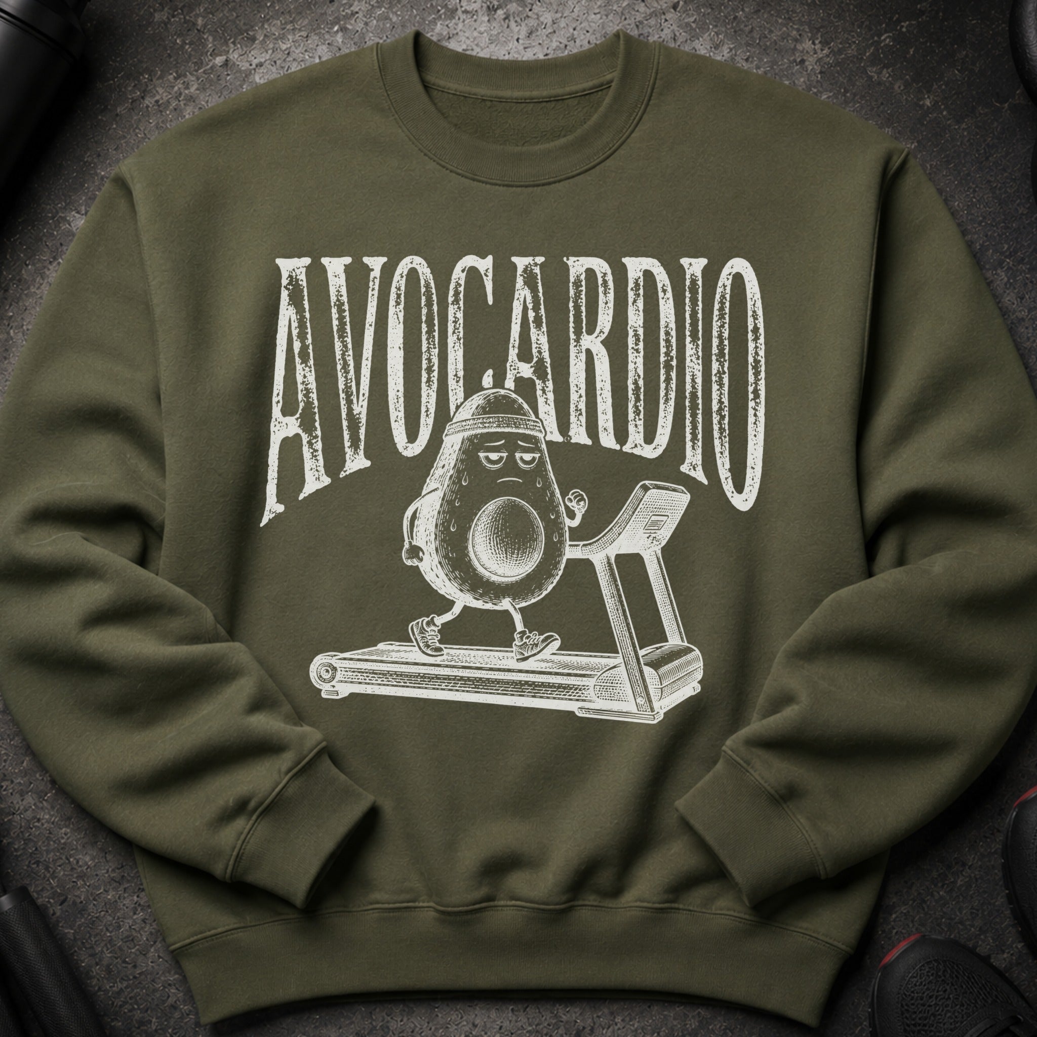 Green sweatshirt with "AVOCARDIO" text and avocado running on treadmill graphic.