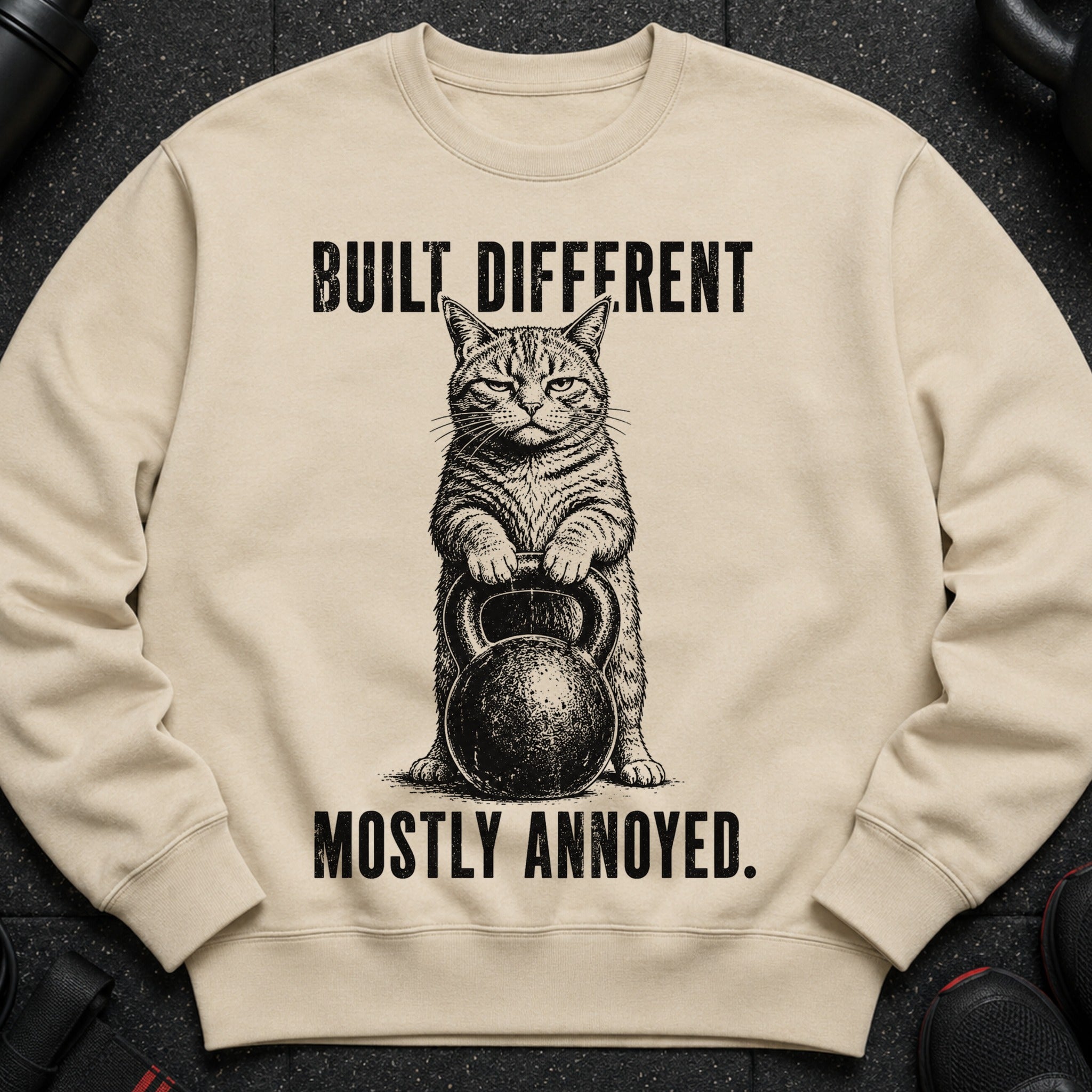 Lightweight cream sweatshirt with a cat holding a kettlebell graphic and text.