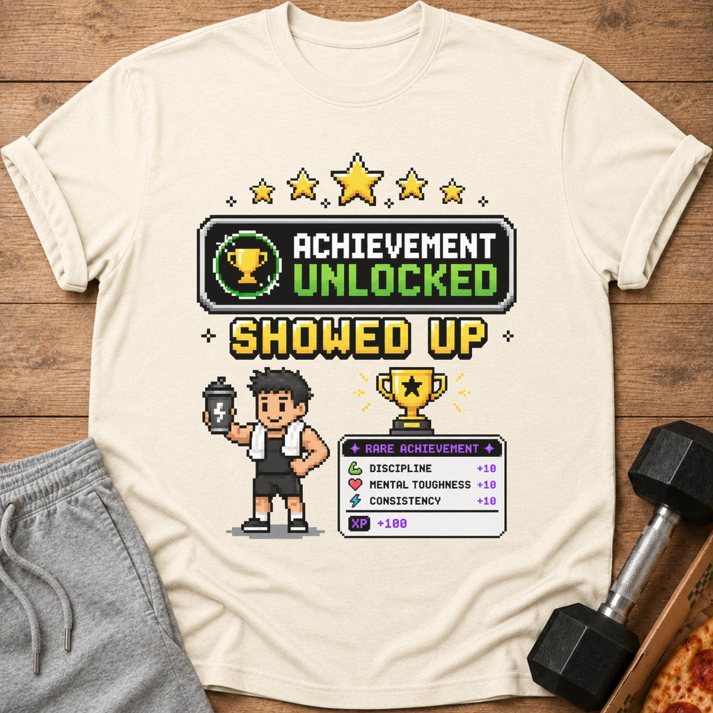 Pixel art graphic on a cream t-shirt with "Achievement Unlocked Showed Up" and fitness stats.