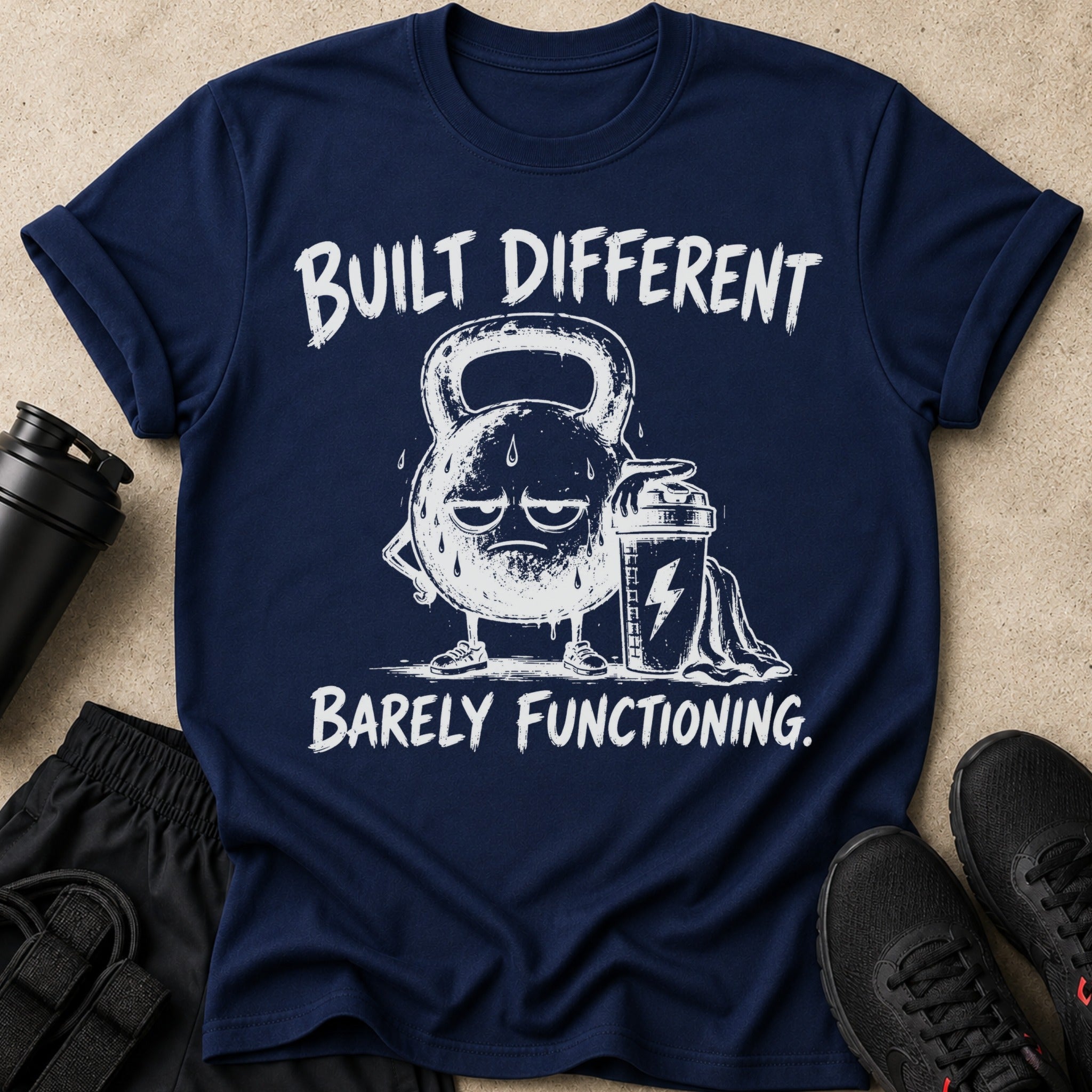 Navy t-shirt design with "BUILT DIFFERENT" and a tired kettlebell graphic.
