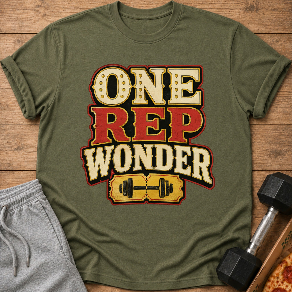 Green t-shirt with "ONE REP WONDER" text and barbell graphic.