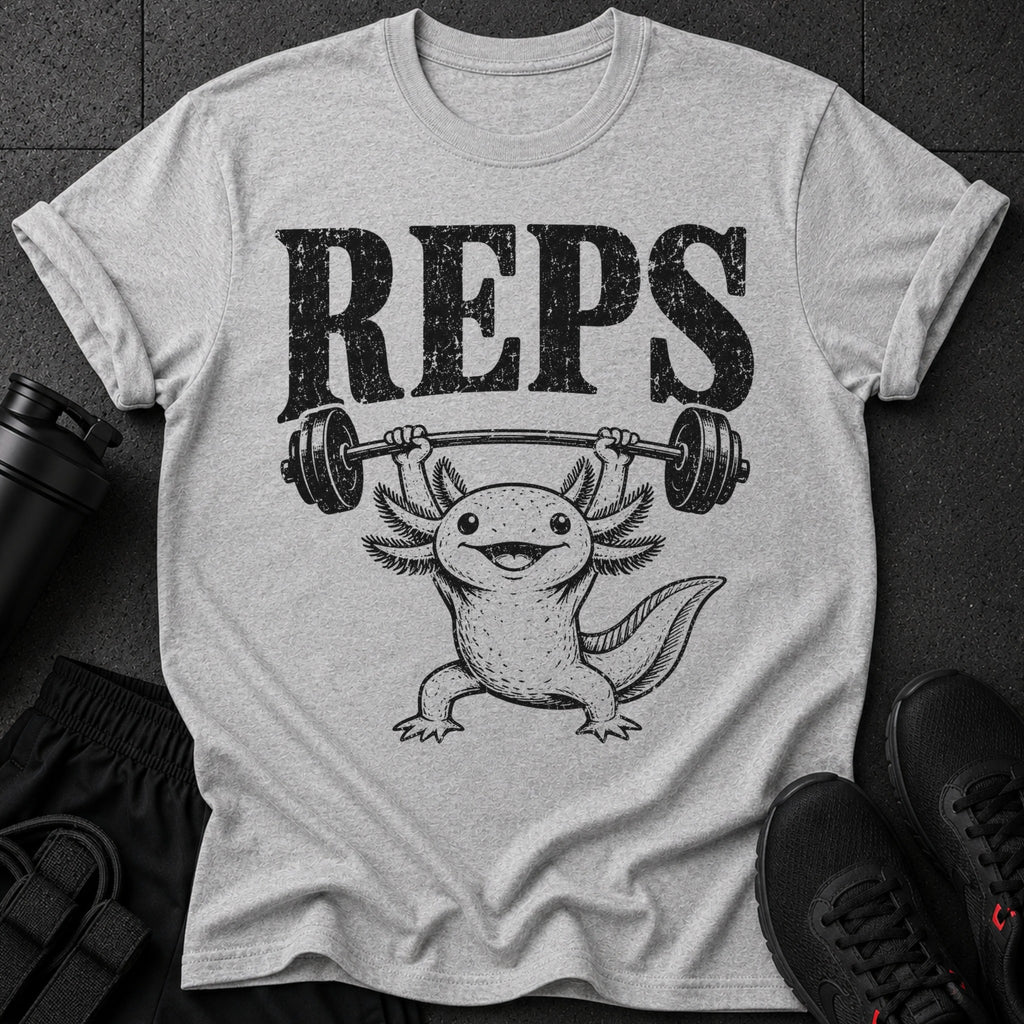 Grey t-shirt with black distressed text "REPS" and an axolotl lifting a barbell.