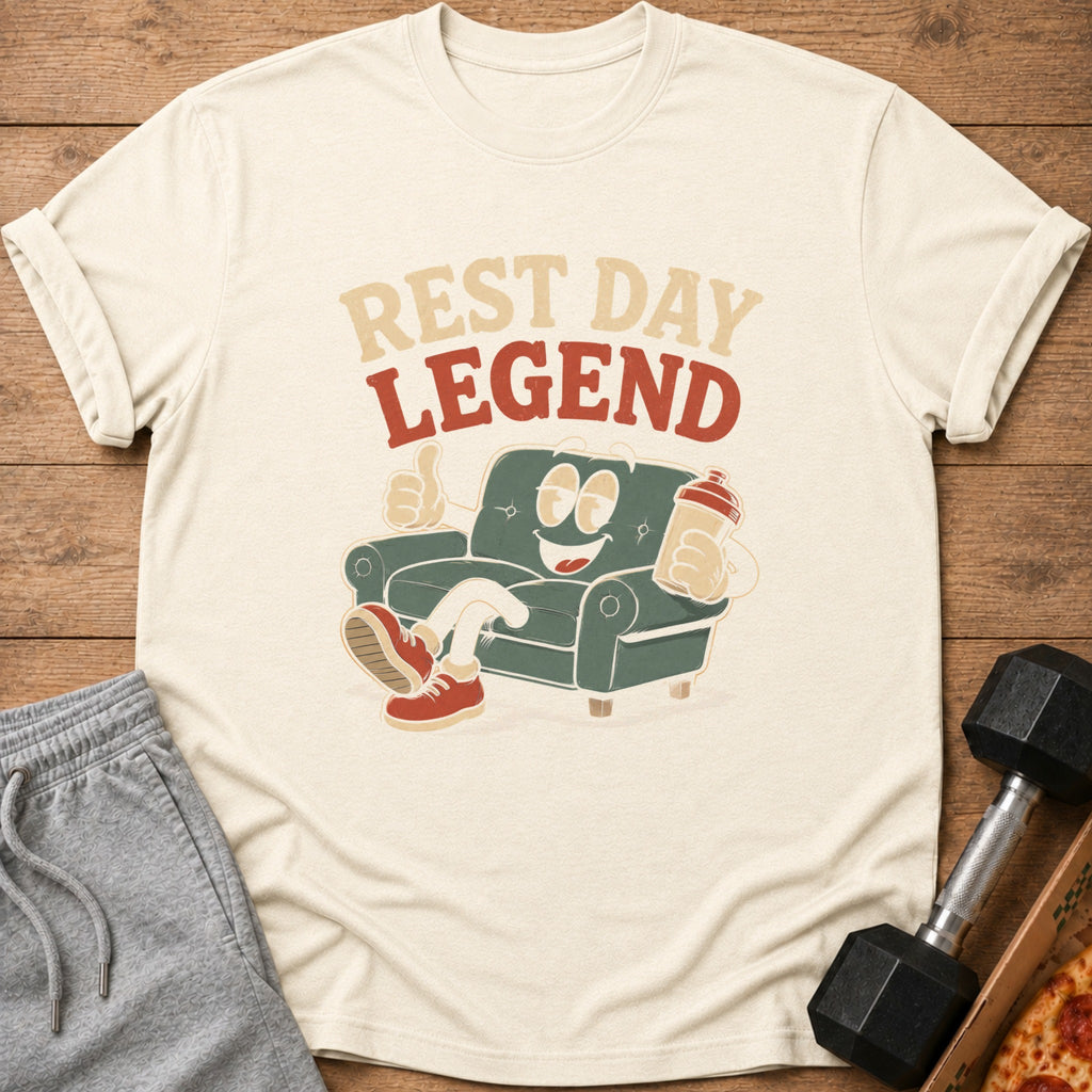 Cream t-shirt with cartoon of couch, text "REST DAY LEGEND," dumbbell, and pizza.