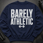 Navy sweatshirt with white "BARELY ATHLETIC" text and dumbbell graphic.