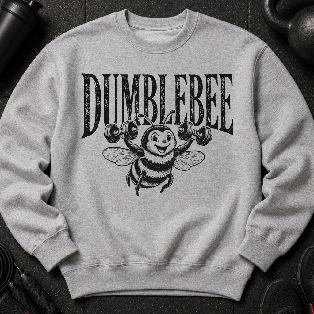Sweatshirt with "DUMBEEBEE" text and a cartoon bee lifting dumbbells.