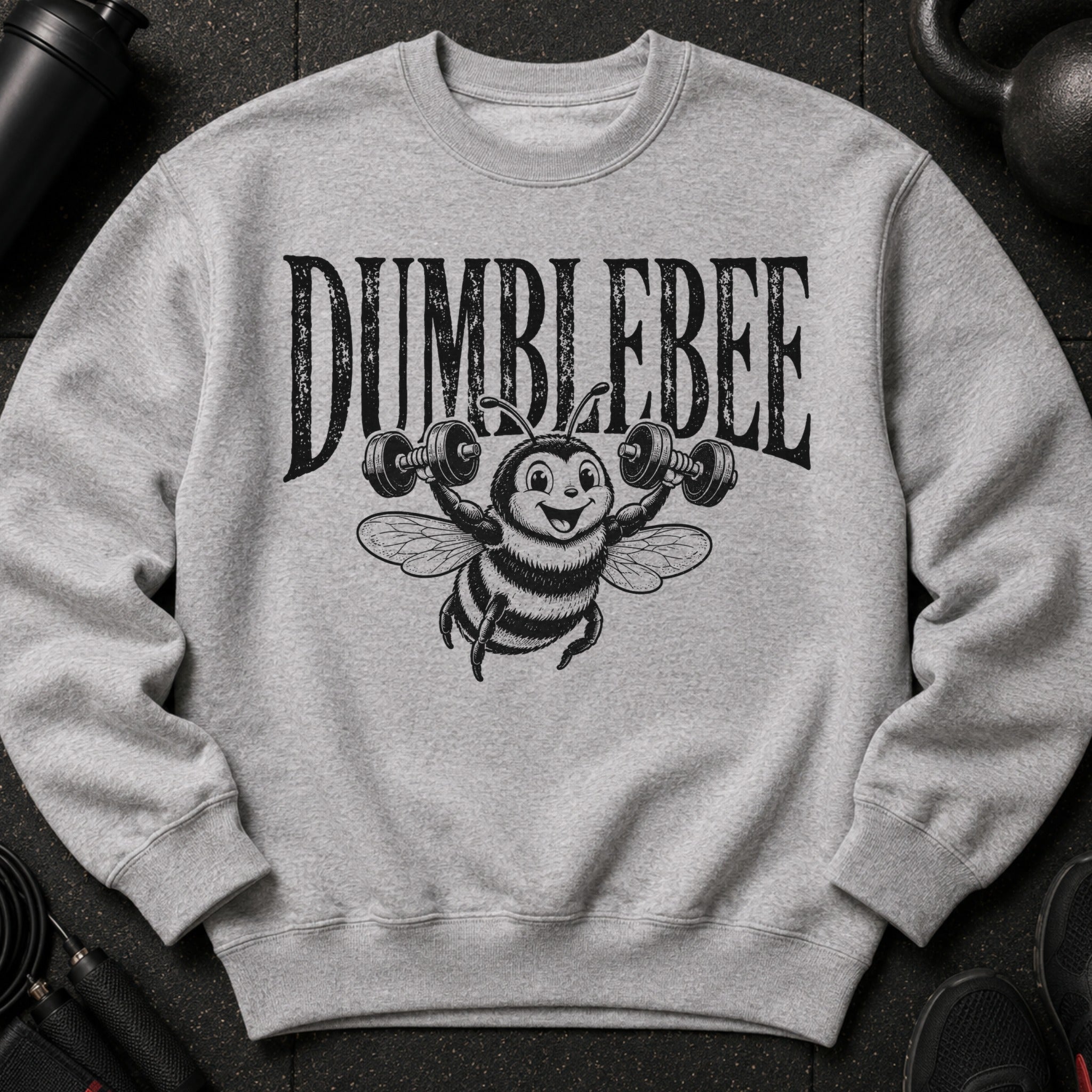 Sweatshirt with "DUMBEEBEE" text and a cartoon bee lifting dumbbells.