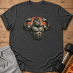 Dark gray t-shirt featuring a muscular gorilla flexing in front of a sunburst.