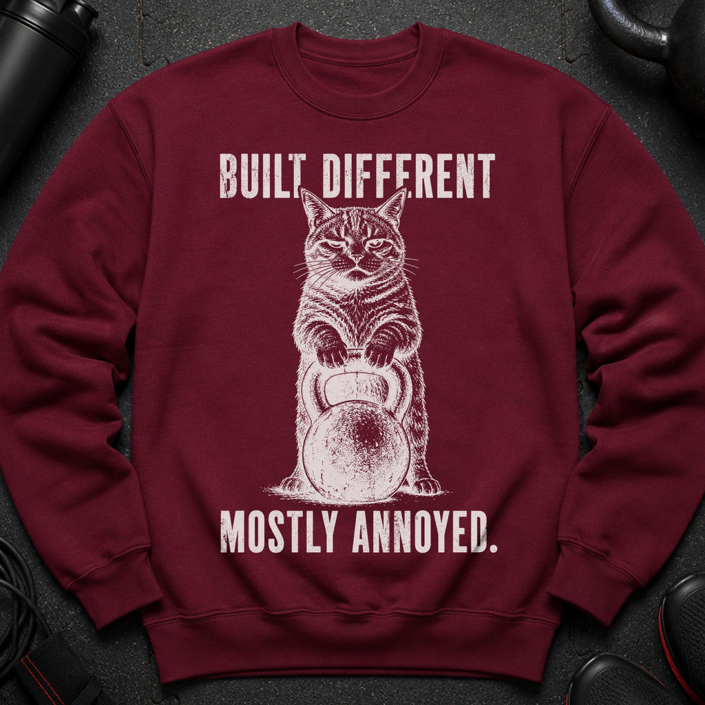 Maroon sweatshirt with distressed print of a cat holding a kettlebell and text "BUILT DIFFERENT MOSTLY ANNOYED."