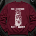 Maroon sweatshirt with distressed print of a cat holding a kettlebell and text "BUILT DIFFERENT MOSTLY ANNOYED."
