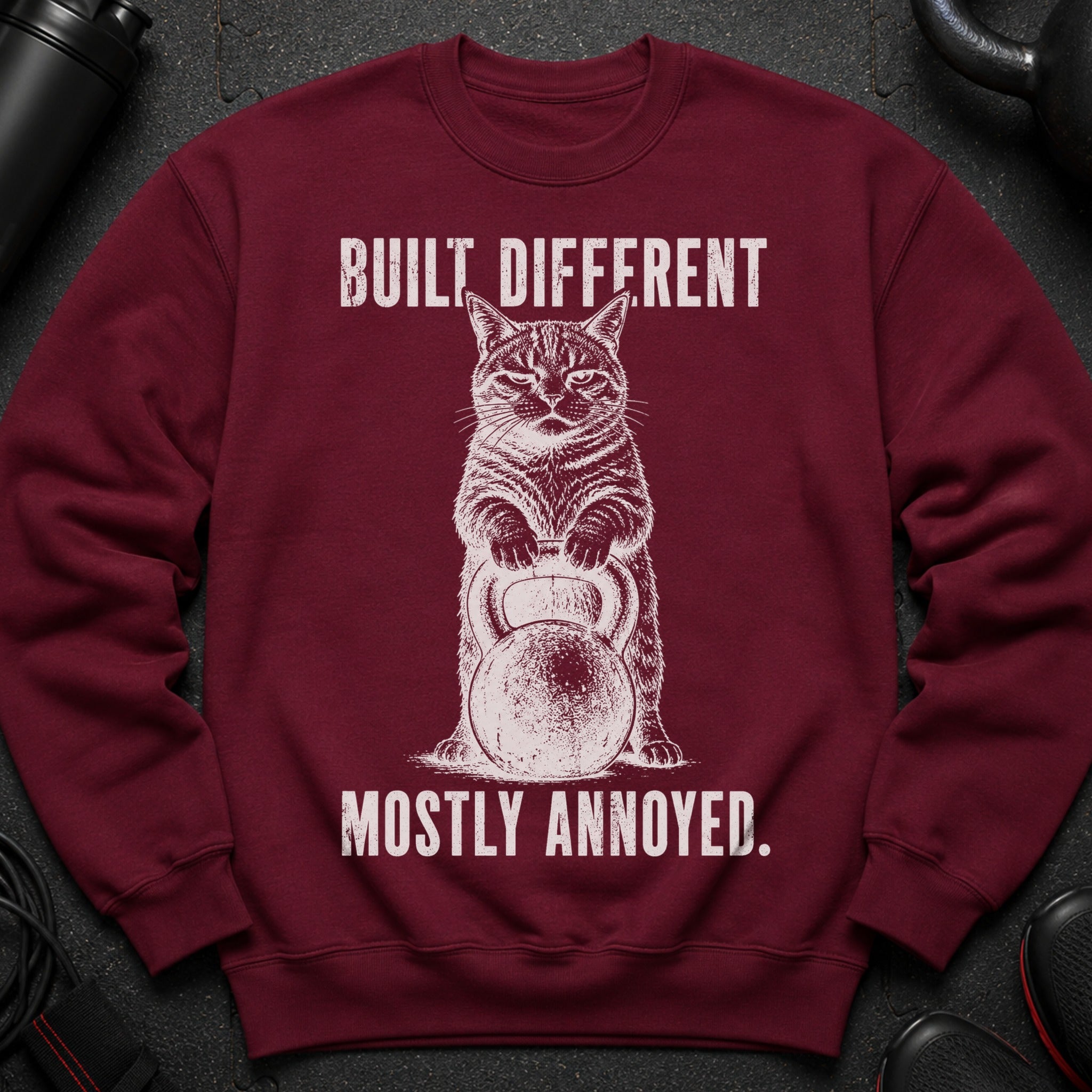 Maroon sweatshirt with distressed print of a cat holding a kettlebell and text "BUILT DIFFERENT MOSTLY ANNOYED."