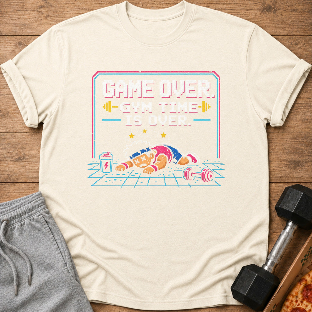 T-shirt with pixel art text "GAME OVER. GYM TIME IS OVER." and exhausted figure.
