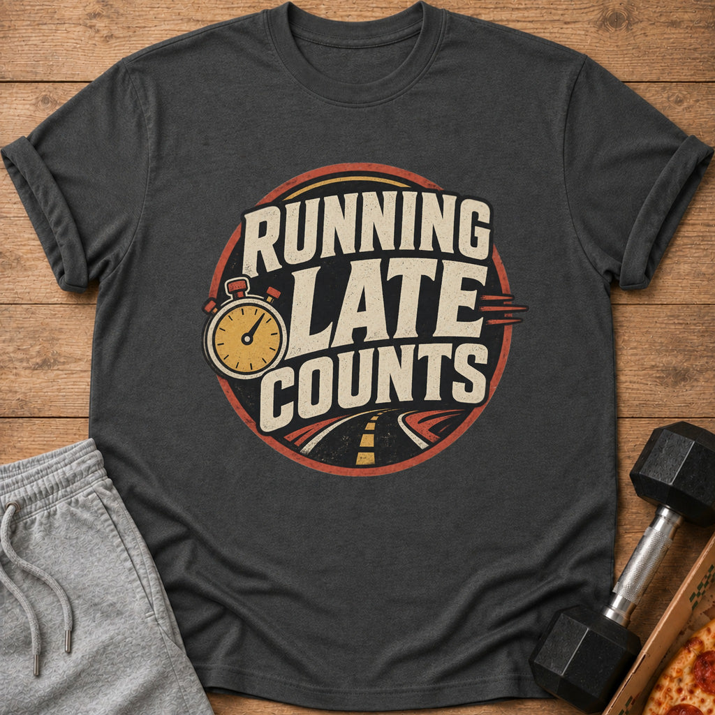 Dark t-shirt with "Running Late Counts" graphic, stopwatch, and road design.
