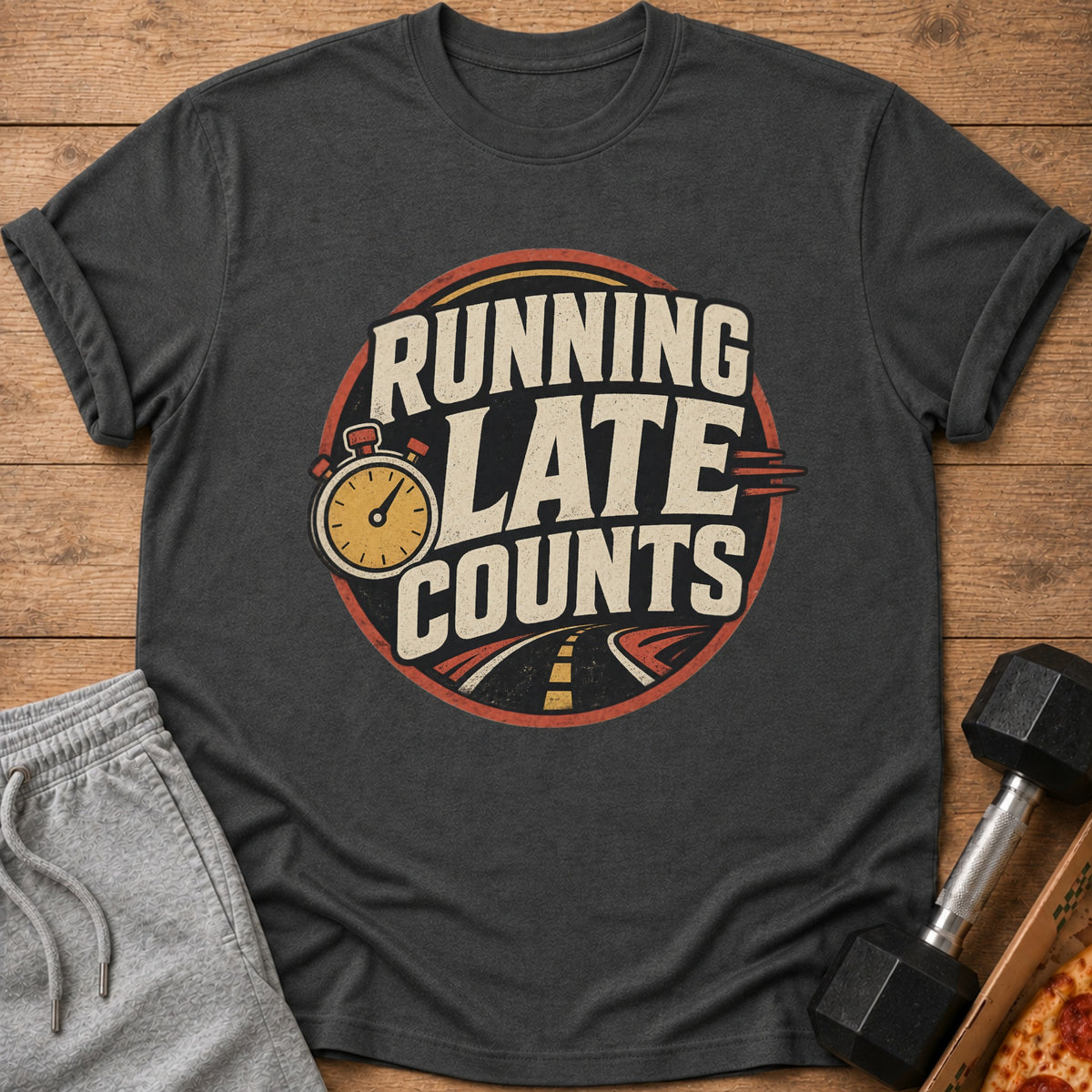 Dark t-shirt with "Running Late Counts" graphic, stopwatch, and road design.