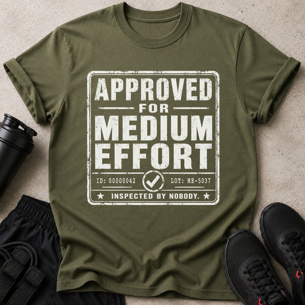 Olive green t-shirt with "APPROVED FOR MEDIUM EFFORT INSPECTED BY NOBODY." text.