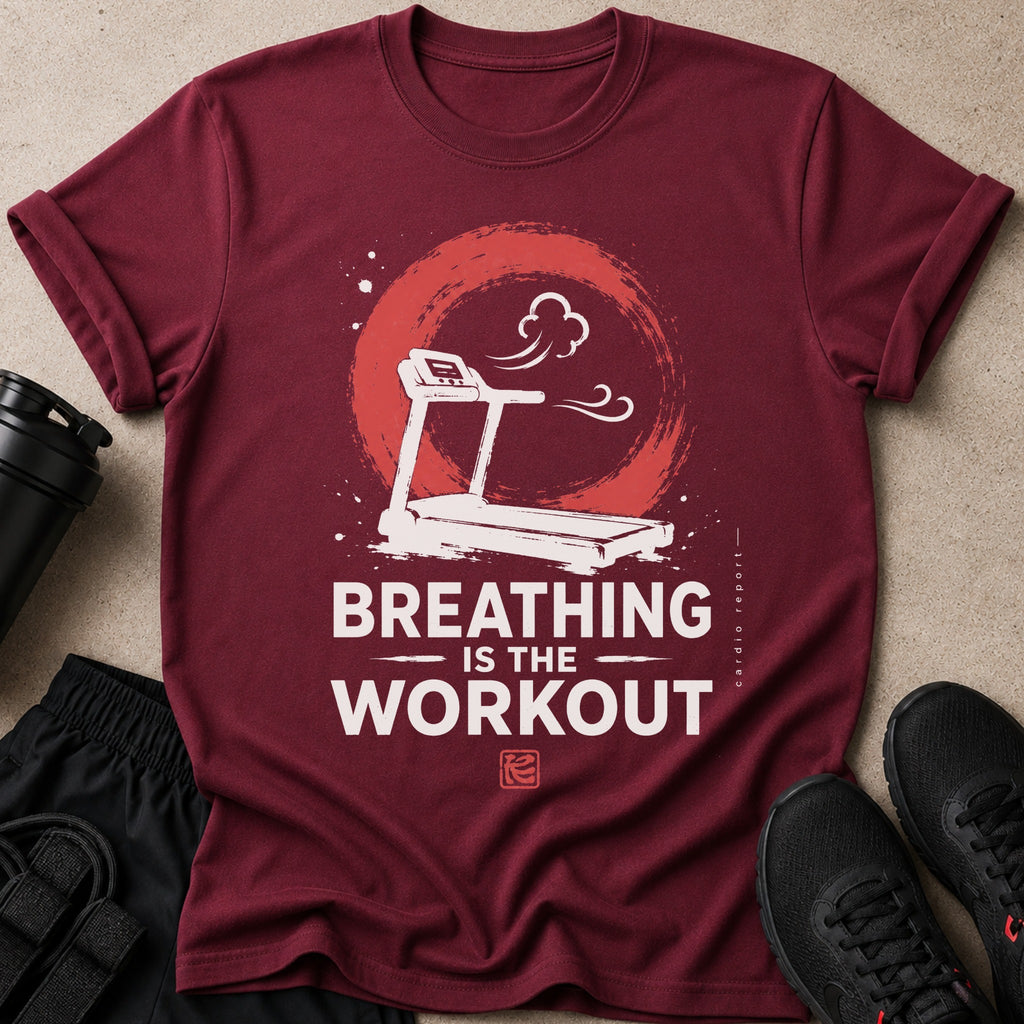 Maroon t-shirt with treadmill graphic and text "BREATHING IS THE WORKOUT".