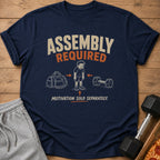 Navy t-shirt with "Assembly Required. Motivation Sold Separately." text and gym graphic.