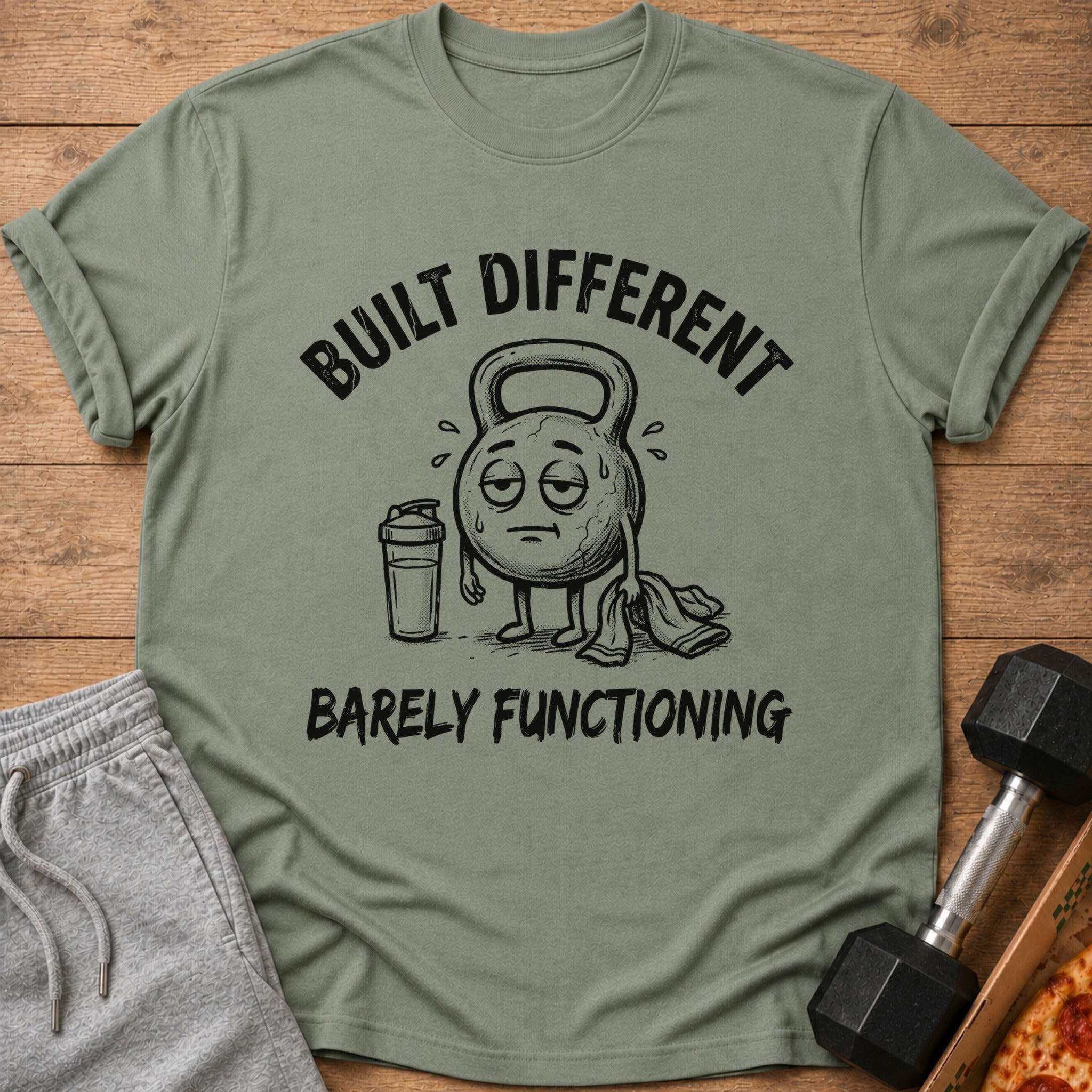 Green t-shirt with text "BUILT DIFFERENT BARELY FUNCTIONING" and cartoon kettlebell.