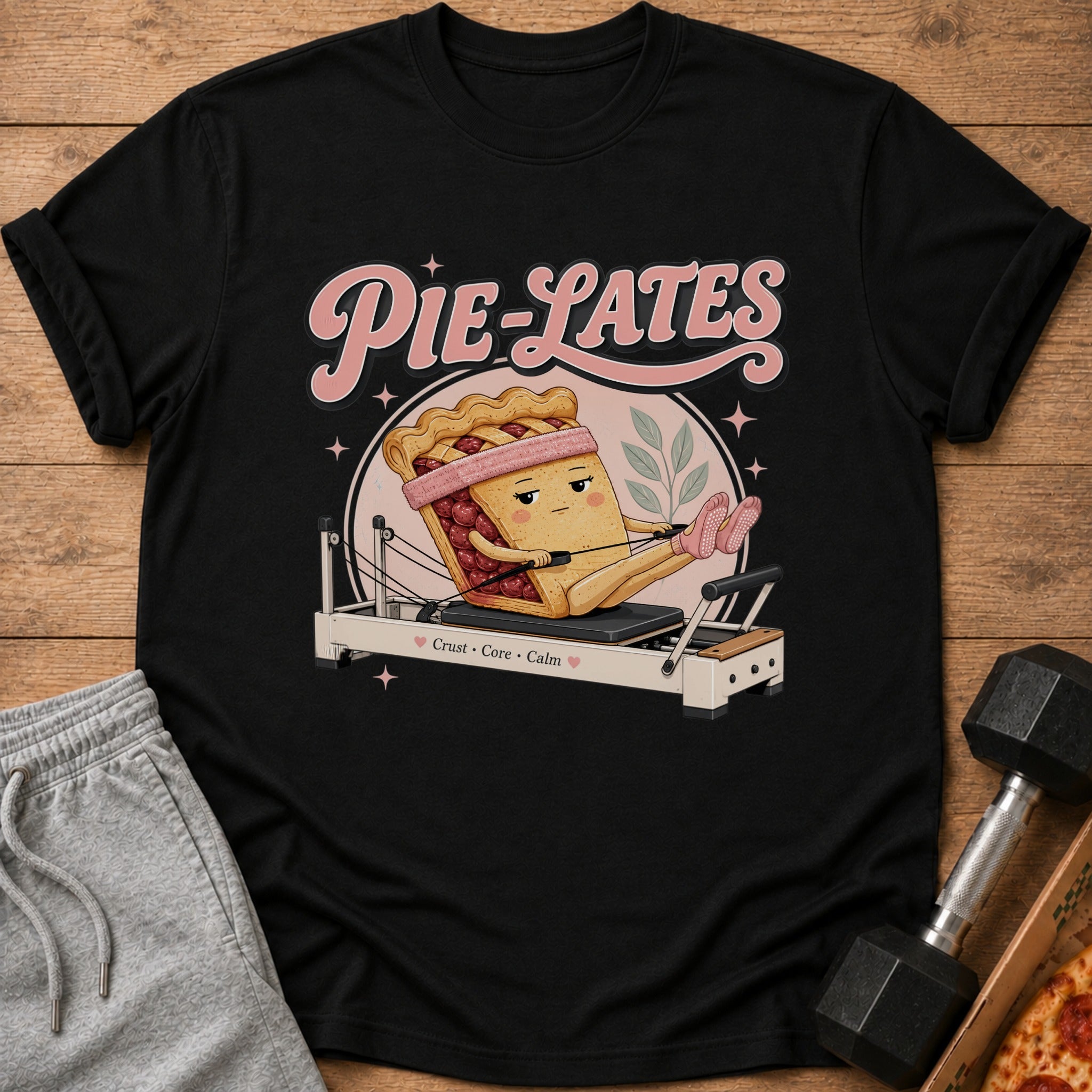 Black t-shirt with "Pie-Lates" text and a pie character on a reformer machine.