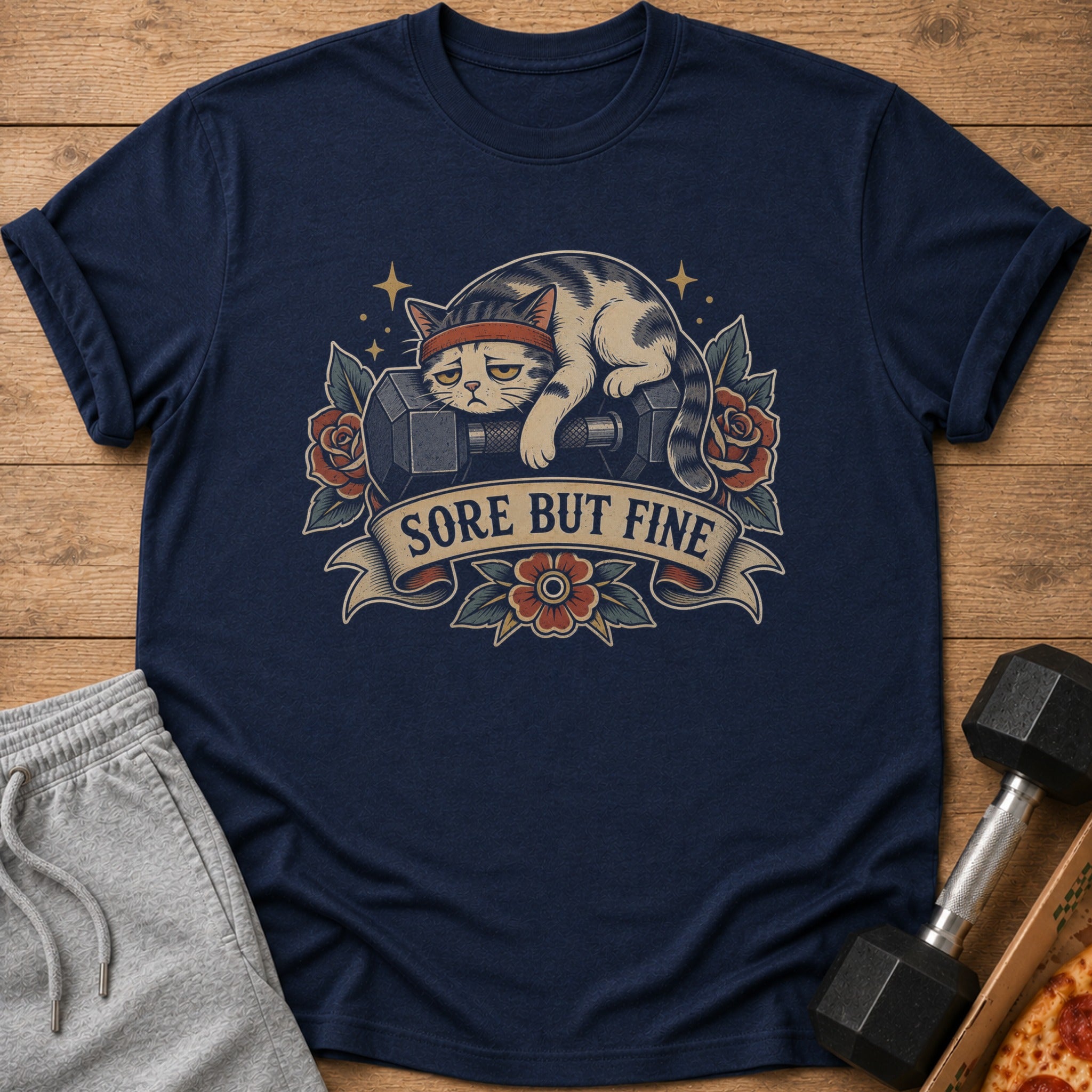 T-shirt with a sad cat wearing a headband on a dumbbell, text says "Sore But Fine."