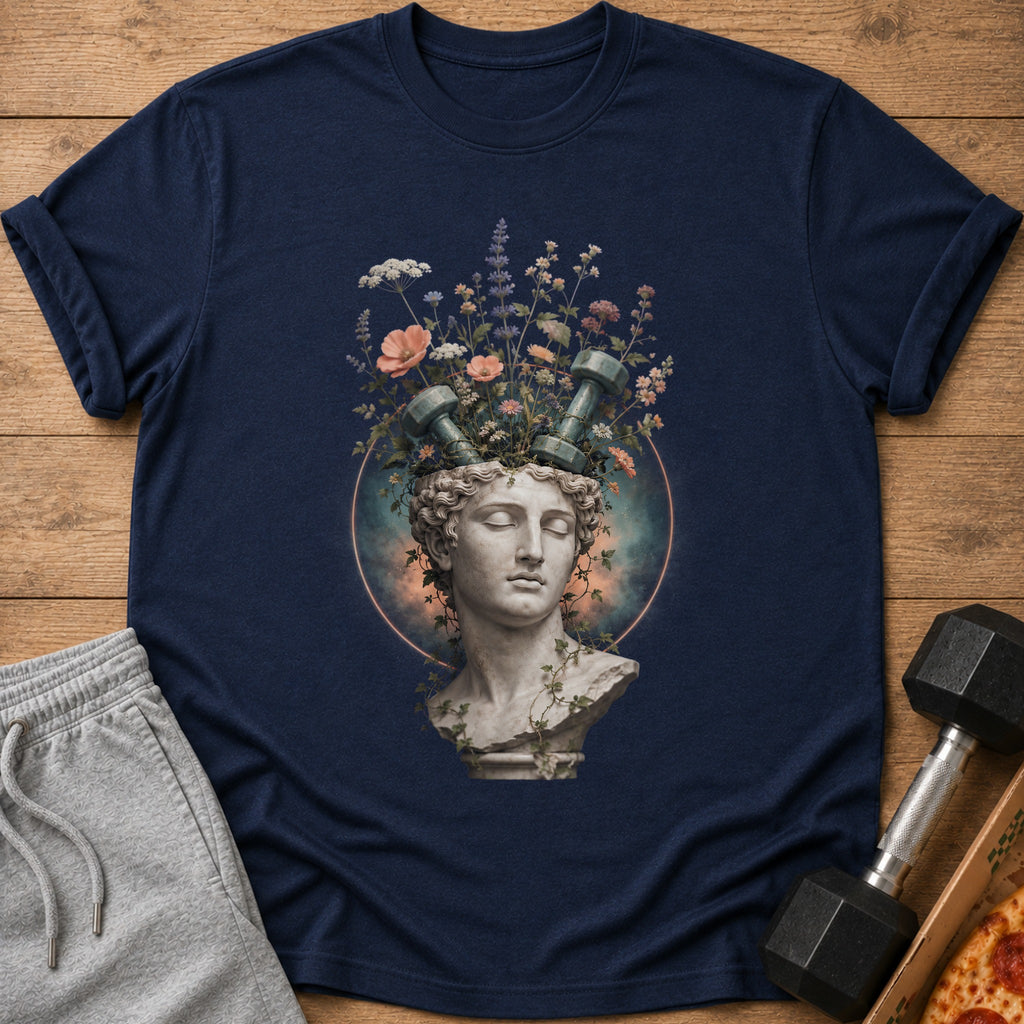 T-shirt with Roman bust, dumbbells, and flowers graphic.