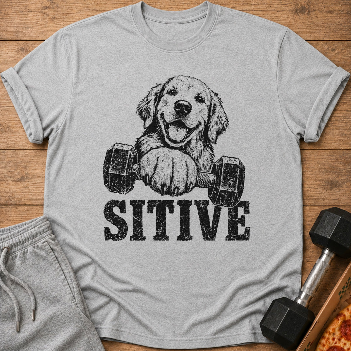 Grey t-shirt with a black distressed graphic of a happy dog holding a dumbbell and the word "SITIVE".